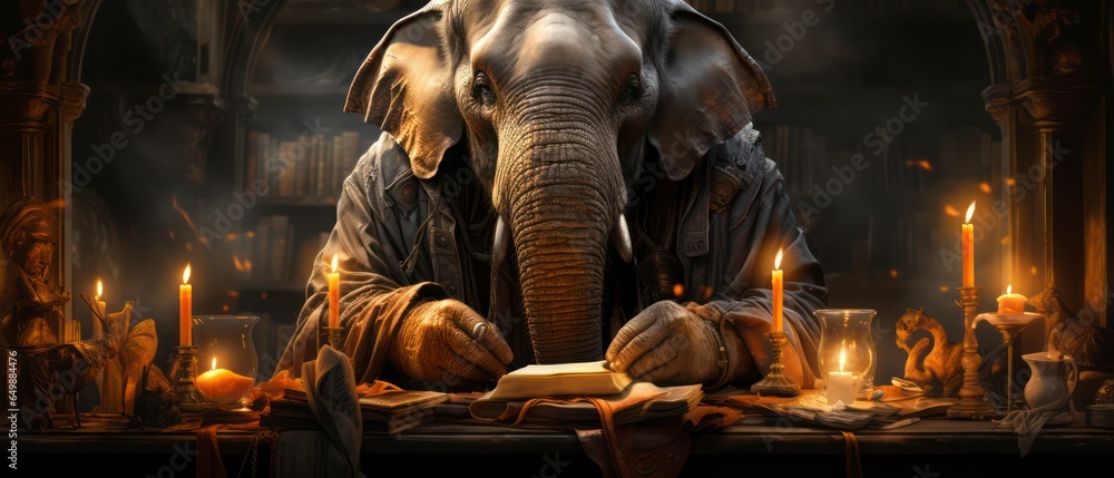 A studious elephant as a scholar  wearing traditional academic robes  sitting in an ancient library  fine details  realistic  surrounded by ancient scrolls and books  candlelight  focused and serene