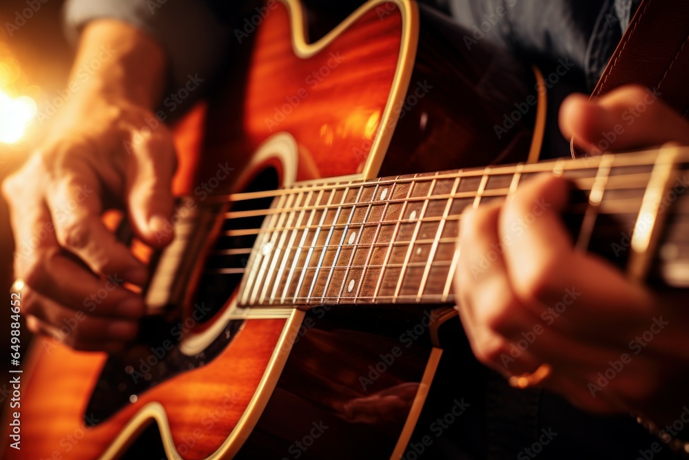 Obraz premium Rhythmic Hands playing guitar music. Dark play summer. Generate Ai