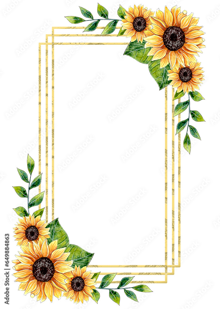Watercolor Sunflower Floral Frame Design isolated on white background ...