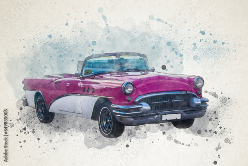 Convertible retro car, Cuban pink old timer in watercolor illustration style, perfect illustration for commercial advertisements project or any events © fas0t