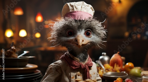 A tiny cute ostrich chef, claymation style.