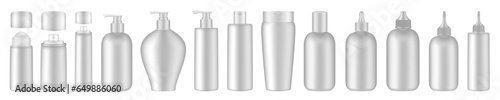 Set of white squeeze bottles. Bottles with pump, dispenser. Korean packaging. Lotion or shower gel. Deodorant roll-on. Hair spray, air freshener container, mockup of aerosol. Squeeze bottles. Dropper