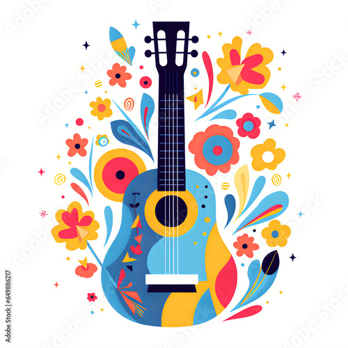 Whimsical Flat Illustration of Sleek  Stylized Guitar with Minimal Lines in Colorful Style