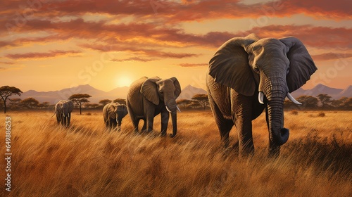 Print op canvas travel savannah elephant herd illustration park nature, wilderness african, nati