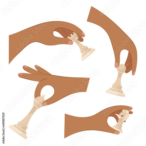 Set of vector illustrations of hands with chess on a white background. Chess pieces in hands in flat style. Human dark-skinned hands hold chess