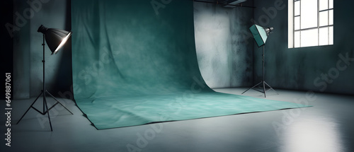 Teal photo studio with lights created with Generative AI technology photo