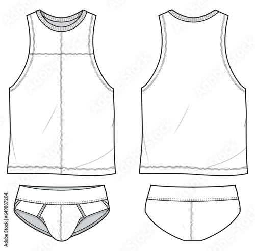 Men's Sleeveless tank top with underwear brief design front and back view flat sketch fashion illustration, Gents trunk under garments cad drawing vector template mock up