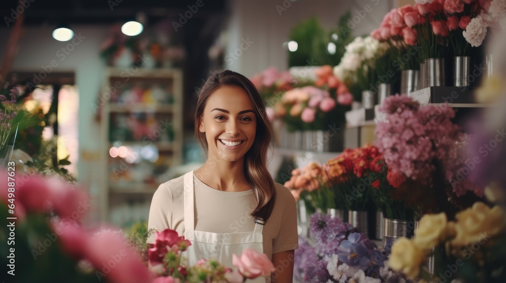 Cheerful young saleswoman is waiting for customers of the flower shop. Generative AI