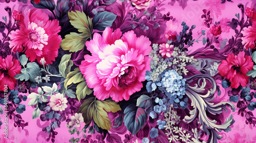 Electric, Hot Pink Parisian Inspired Rococo Flower Background in Purple, Green, and Pink Pastel - Vintage 17th Century French Inspired Floral Background or Wallpaper