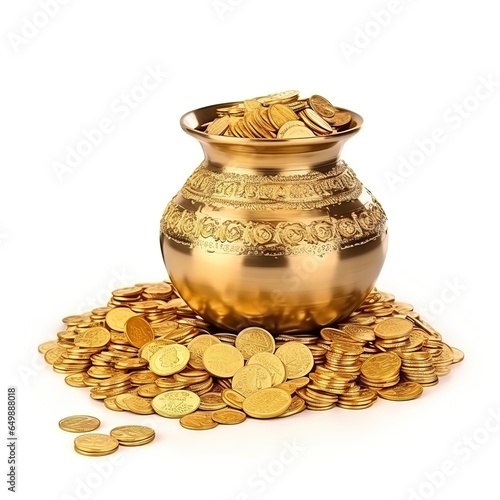 Happy Dhanteras Gold coin in pot Diwali festival celebration with Maa Lakshmi footprint and background