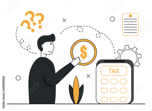 Taxes illustration scene.  Taxation planning concept.Character fill out a tax declaration, calculate the amount of taxes paid, pay taxes. Vector illustration.