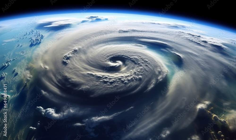 Aerial view of hurricane from space. Weather cloud formation on earth from the moon, Generative AI 