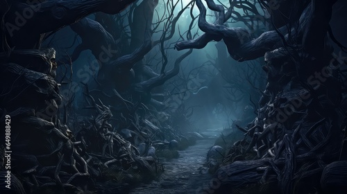 dark haunted forest spooky illustration halloween horror, fear scary, landscape mist dark haunted forest spooky © sevector