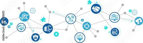 Smart factory / automation / industrial iot vector illustration. Concept with icons related to big data, digital transformation, modern production process, monitoring & wireless control, computing.