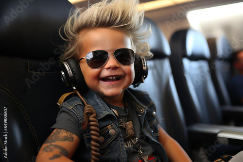 Cute punk baby boy is flying on plane
