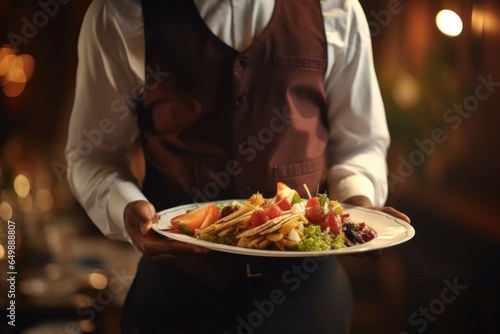 Waiter hands pick restaurant food. Serve pick. Generate Ai
