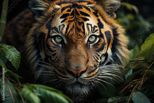 Close - up portrait shoot in green jungle of an expressive tiger