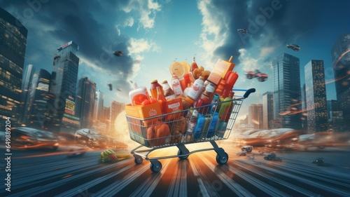 a turbocharged shopping cart speeding down a virtual online grocery store aisle. This visual should capture the essence of the high-speed online grocery shopping experience. photo
