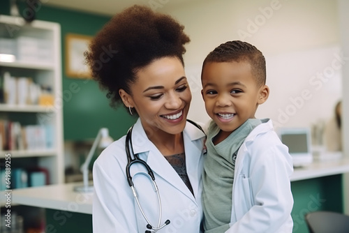 Smiling African American female doctor with boy patient in hospital