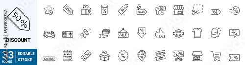 set of 33 line web icons discount, coupon, percent sign ribbon, discount code and more. Collection of Outline Icons. Vector illustration.
