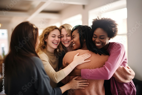 Supportive diverse female friends hugging each other at group therapy session