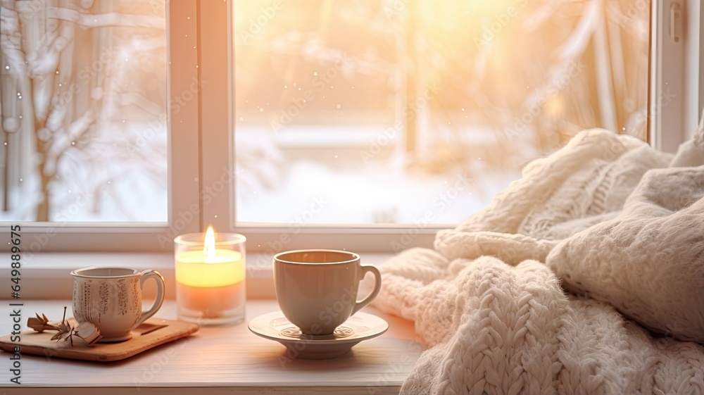 In a picturesque winter still life, a cup of steaming hot coffee is nestled beside a soft, inviting plaid on the vintage windowsill of a quaint cottage. In a picturesque winter still life, a cup of steaming hot coffee is nestled beside a soft, inviting plaid on the vintage windowsill of a quaint cottage.