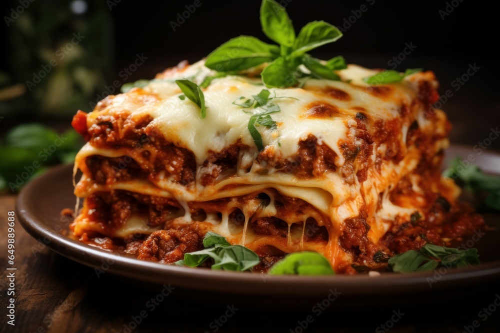 Decadent Closeup lasagna. Food table meat. Generate Ai