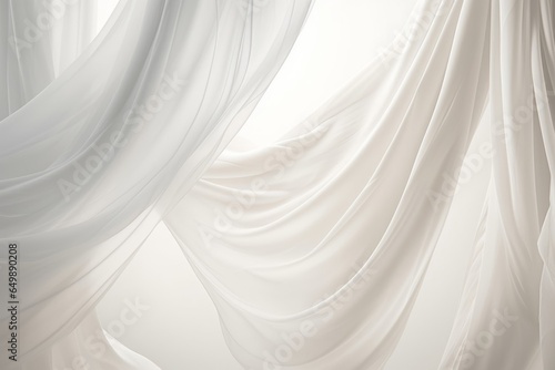 White Curtains Blowing in the Breeze on White Background, Sheer Fabric, Texture Background Wallpaper, Generative AI 