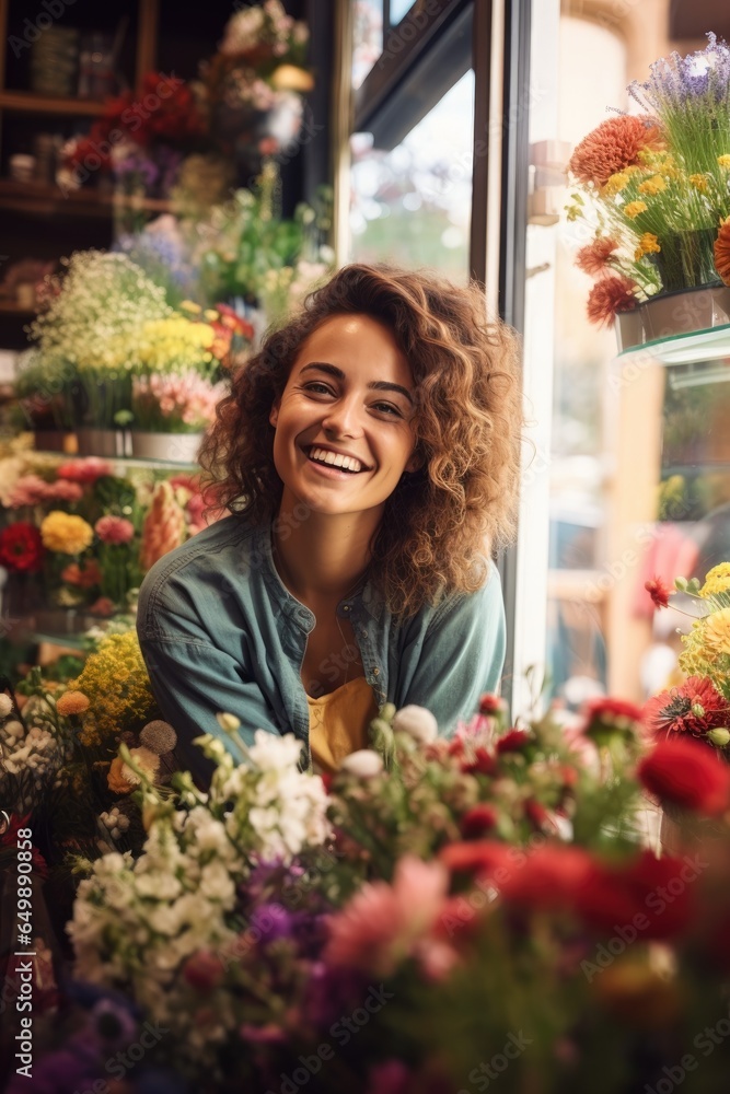 Cheerful young saleswoman is waiting for customers of the flower shop. Generative AI