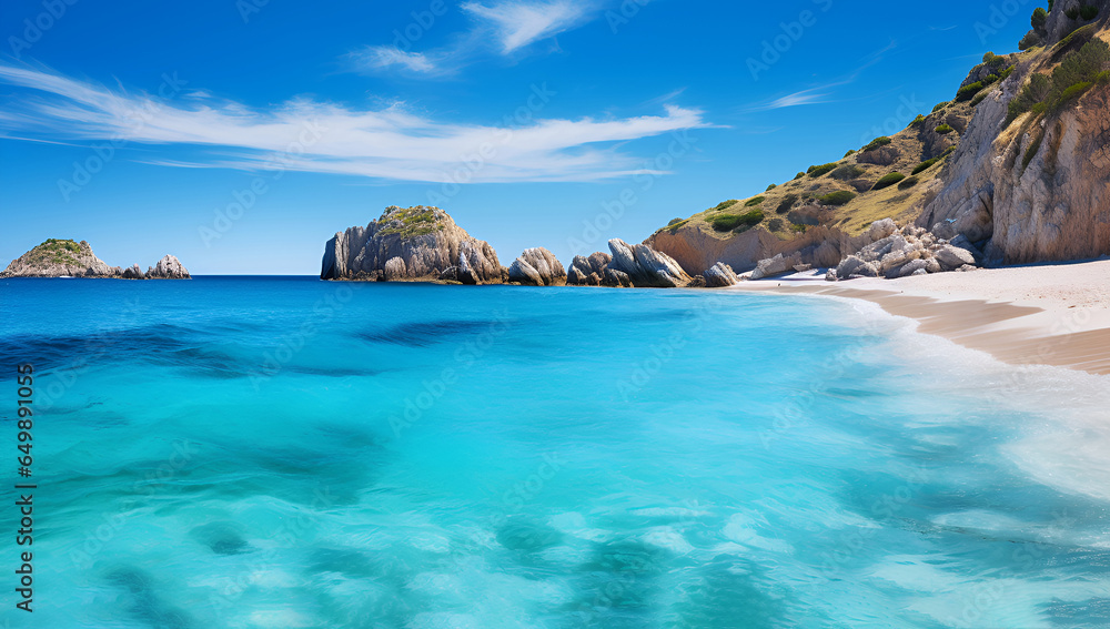 Fototapeta premium Beach with yellow sand, coconut palms and turquoise water. Cala Luna beach. Sardinia, Italy.