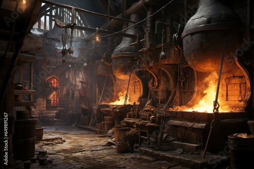 A factory filled with various metal items. This image can be used to showcase industrial production or manufacturing processes.