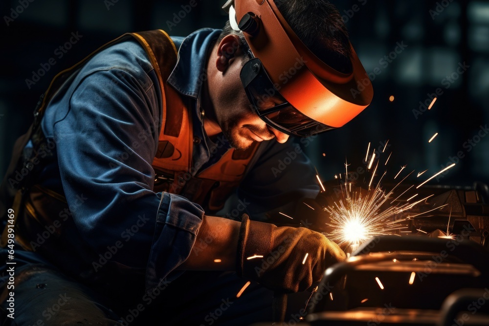 A skilled welder is diligently working on a piece of metal. This image captures the precision and expertise required in welding. Perfect for showcasing industrial work or manufacturing processes. - obrazy, fototapety, plakaty 