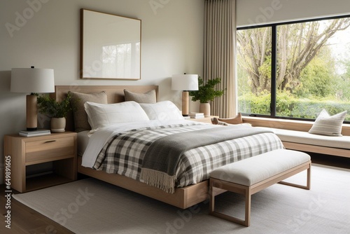 A serene contemporary bedroom with wooden coffee tables, plaid pillows, lush greenery, and sophisticated personal accents. Generative AI © Altair