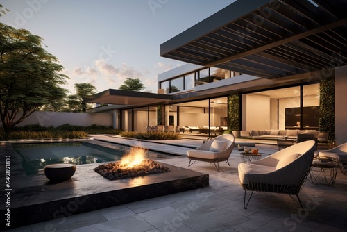 A modern residence featuring a central courtyard  swimming pool  and an outdoor firepit in a realistic 3D representation. Generative AI