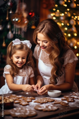 Mother and daughter are preparing Christmas cookies. Generative AI
