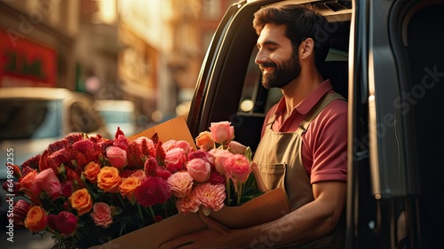a delivery man standing next to a car, holding a vibrant bouquet of fresh, beautiful flowers. The photo should capture the moment of handoff, showcasing the beauty of the flowers against