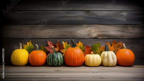 Thanksgiving mockup of various pumpkins on rustic wooden floor and wooden wall.