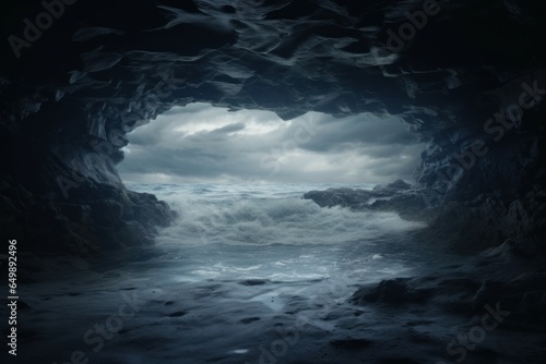 Luminous Sea wave photo from cave. Rock scenic. Generate AI