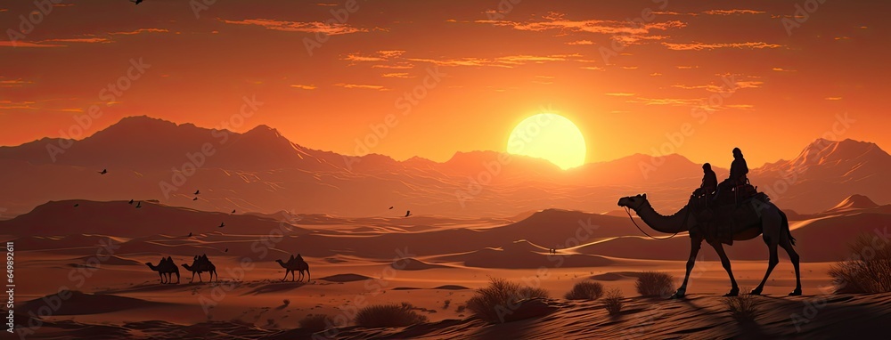 a caravan of Indian camels, led by experienced camel drivers, traversing the mesmerizing desert sand dunes at sunset. The warm hues of the setting sun should paint a stunning backdrop. a caravan of Indian camels, led by experienced camel drivers, traversing the mesmerizing desert sand dunes at sunset. The warm hues of the setting sun should paint a stunning backdrop.