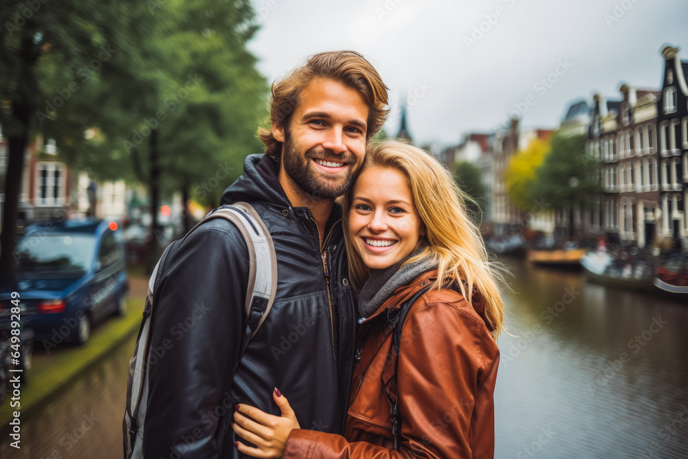 Multiethnic couple traveling in Amsterdam in autumn. Happy young travelers exploring in city.
