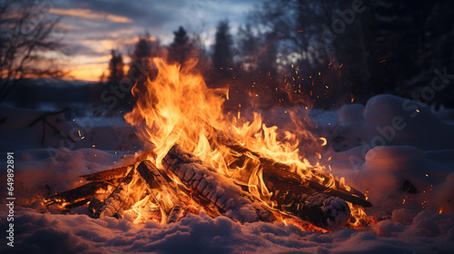 a campfire in winter in the evening