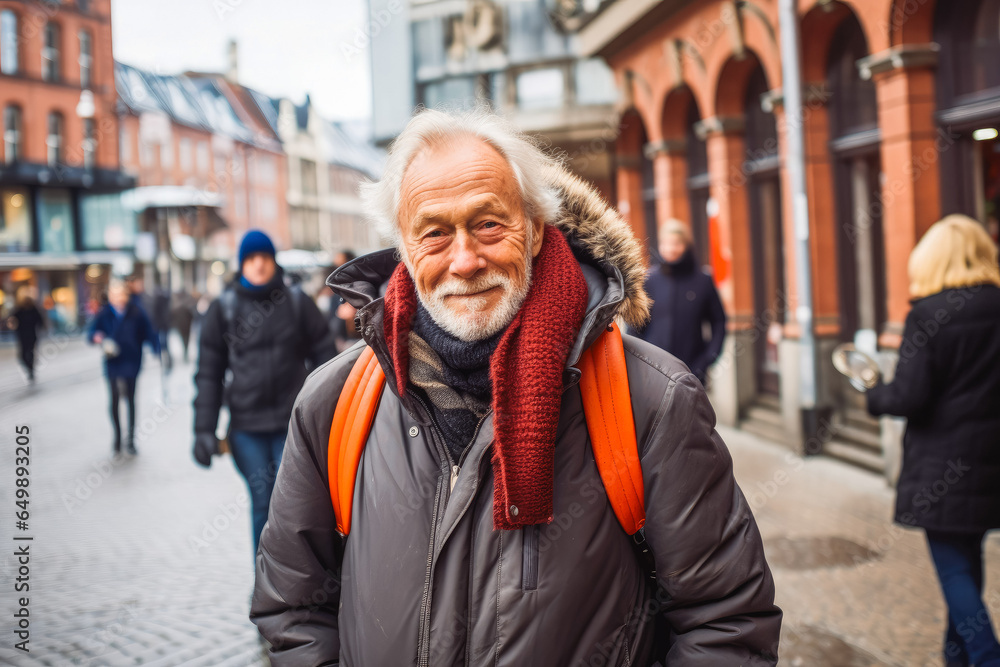 Man traveling in Oslo. Happy older traveler exploring in city.