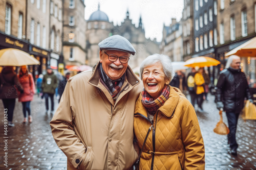 Multiethnic couple traveling in Edinburgh. Happy older travelers exploring in city.