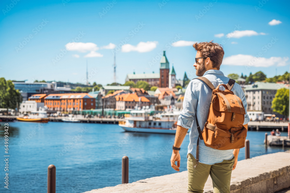 Caucasian man traveling in oslo in summer. Happy young traveler exploring in City.