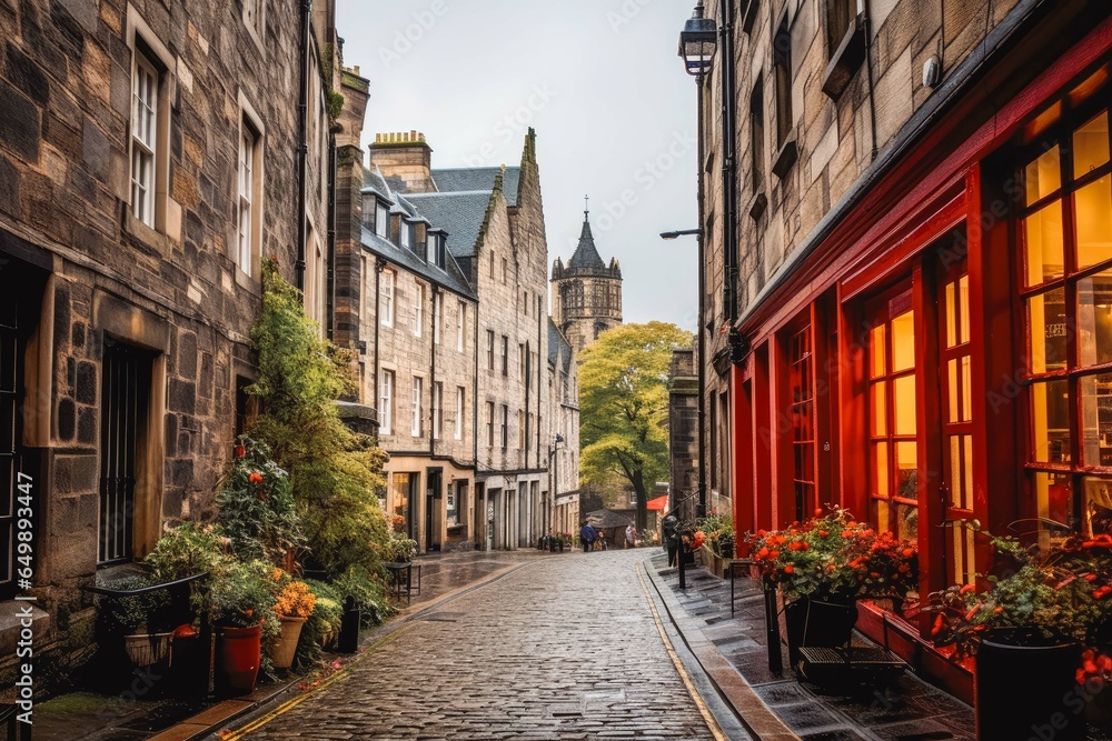 Streets of Edinburgh. Empty cobbled streets of city in Scotland. - obrazy, fototapety, plakaty 