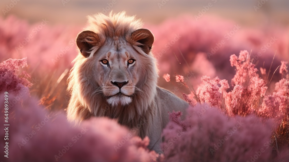  a white lion standing in a field of pink flowers and grass.  generative ai