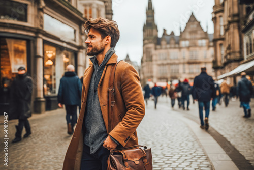 Man traveling in Edinburgh. Happy young traveler exploring in city. © Katrin Kovac