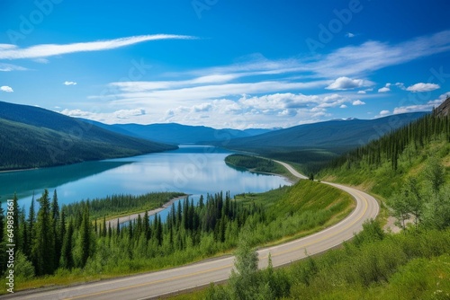 Picturesque summer day on John-Hart Highway in British Columbia with a beautiful lake view and winding road through Canadian nature near Prince George. Generative AI