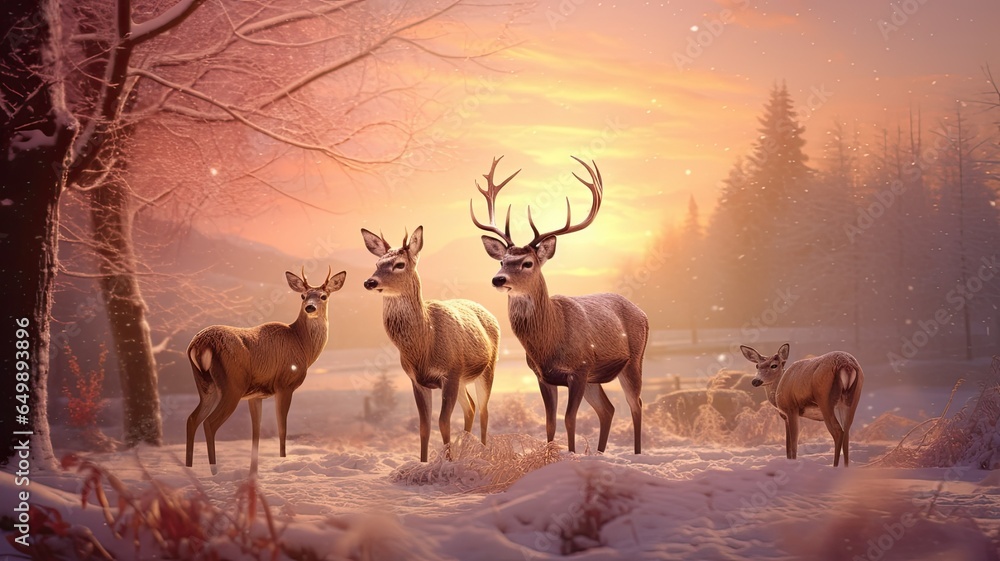 a family of majestic red deer gracefully moving through a snow-covered forest at the magical moment of sunset. The scene should evoke a peaceful Christmas ambiance with a predominant blue