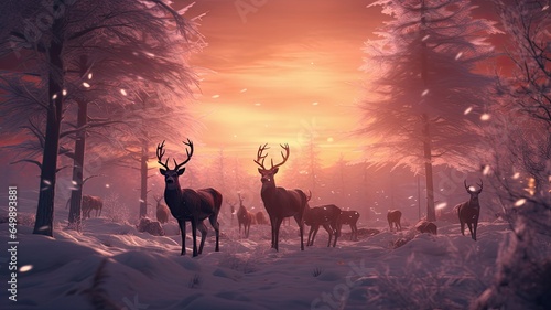 a family of majestic red deer gracefully moving through a snow-covered forest at the magical moment of sunset. The scene should evoke a peaceful Christmas ambiance with a predominant blue